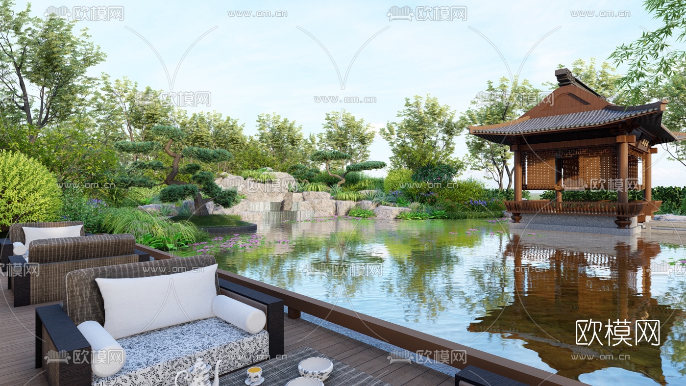 新中式园林景观su模型下载（渲染图1）