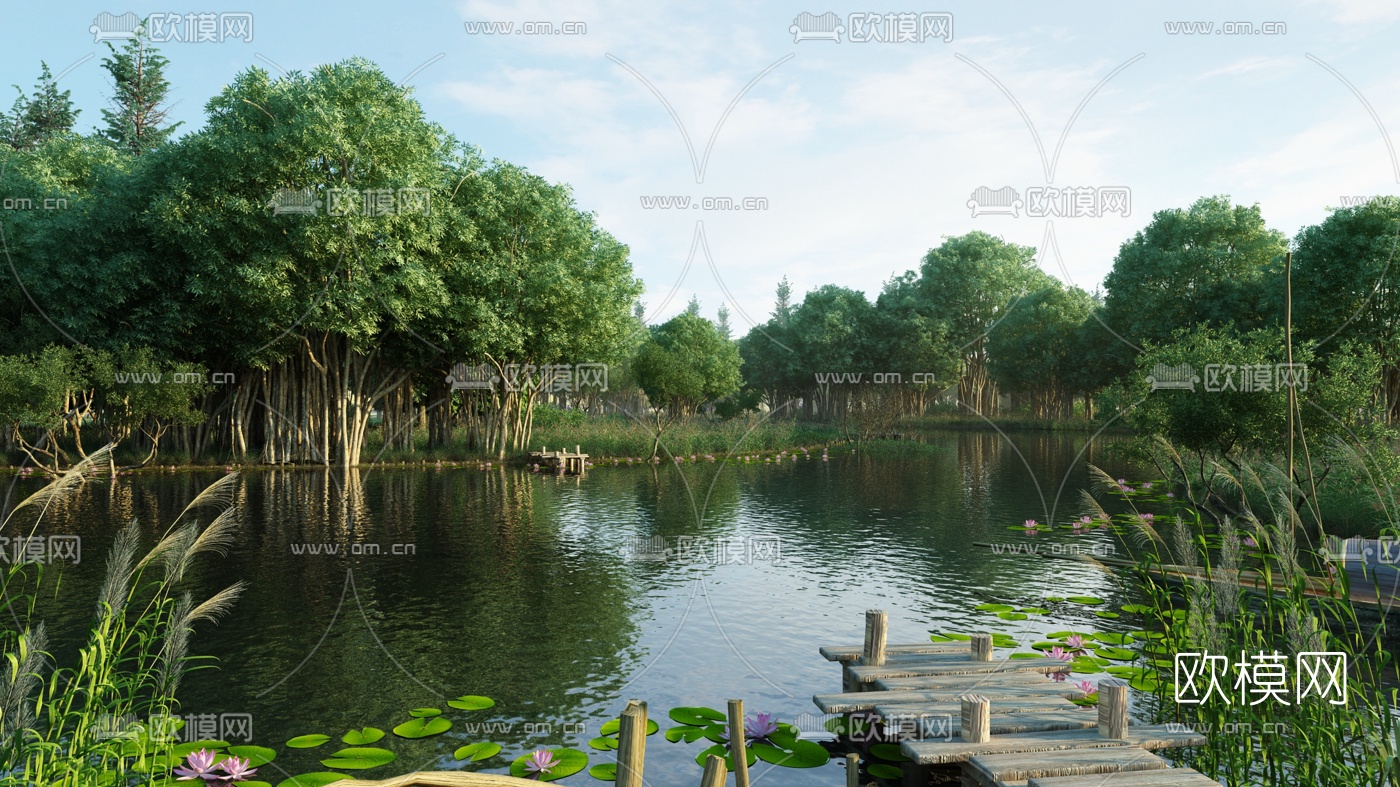 现代湖泊湿地公园景观3d模型下载（渲染图1）