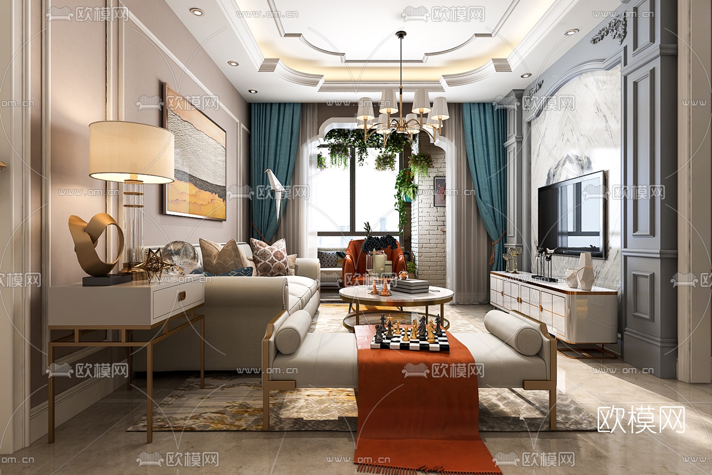 欧式客餐厅3d模型下载（渲染图1）