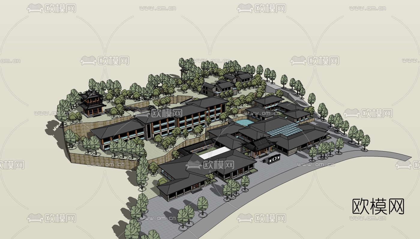 中式寺院规划免费su模型下载（渲染图1）