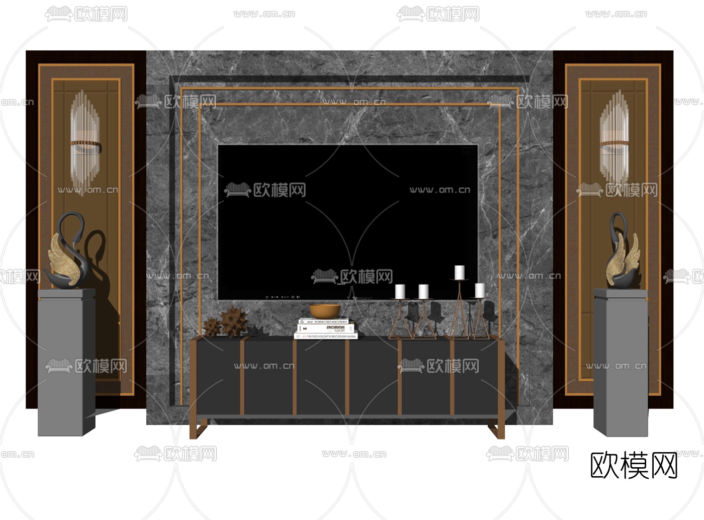 新中式电视背景墙su模型下载