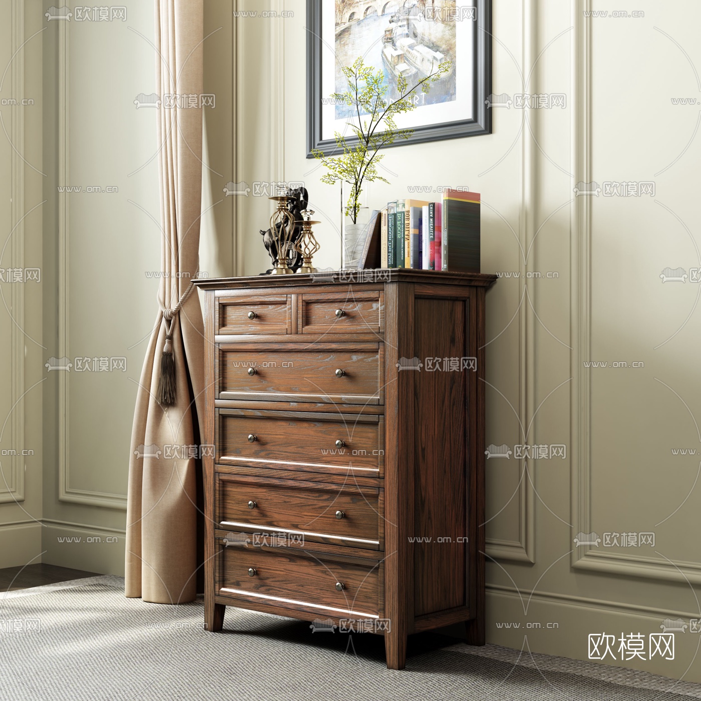 美式实木边柜斗柜3d模型下载（渲染图2）
