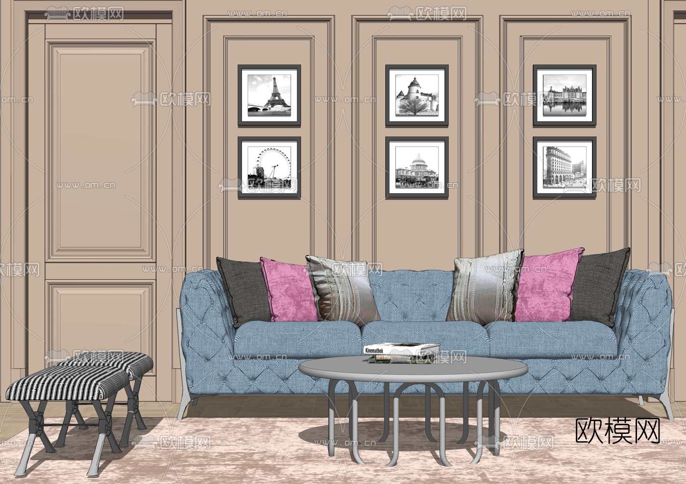 简欧布艺多人沙发组合su模型下载