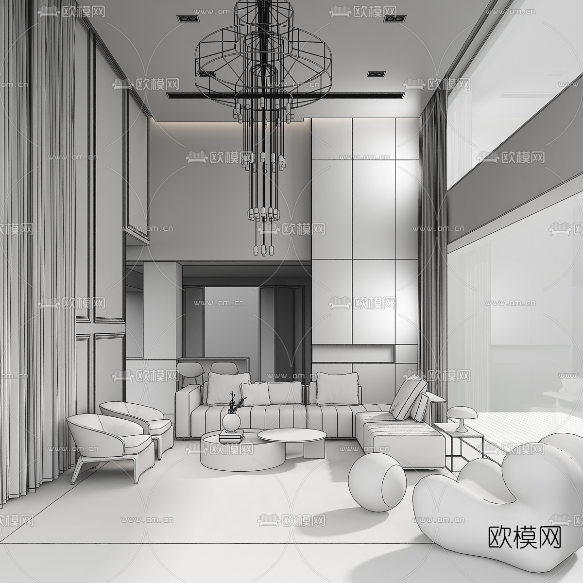 宁洁设计 现代混搭别墅客厅3D模型下载（渲染图2）