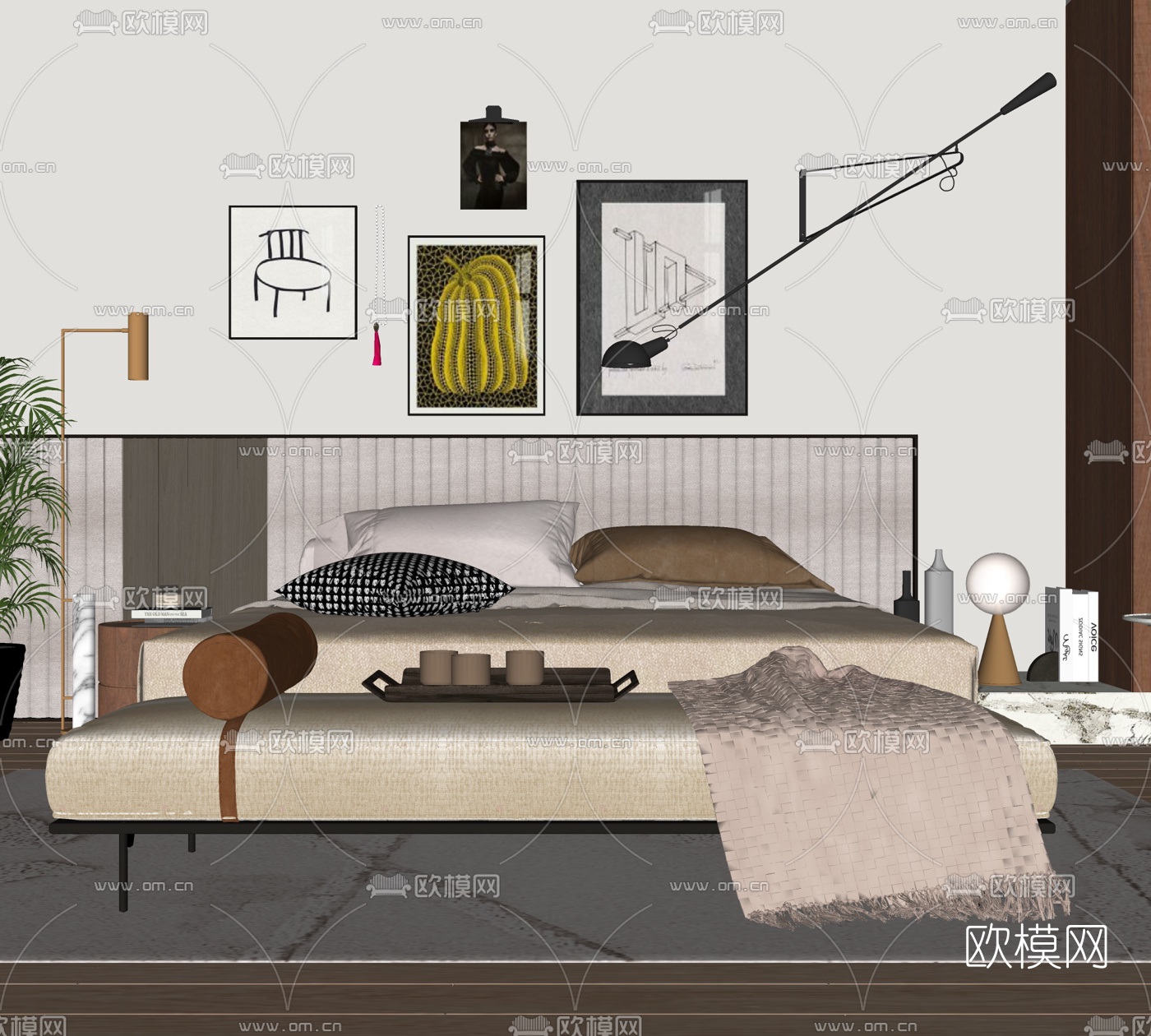 现代布艺双人床免费su模型下载