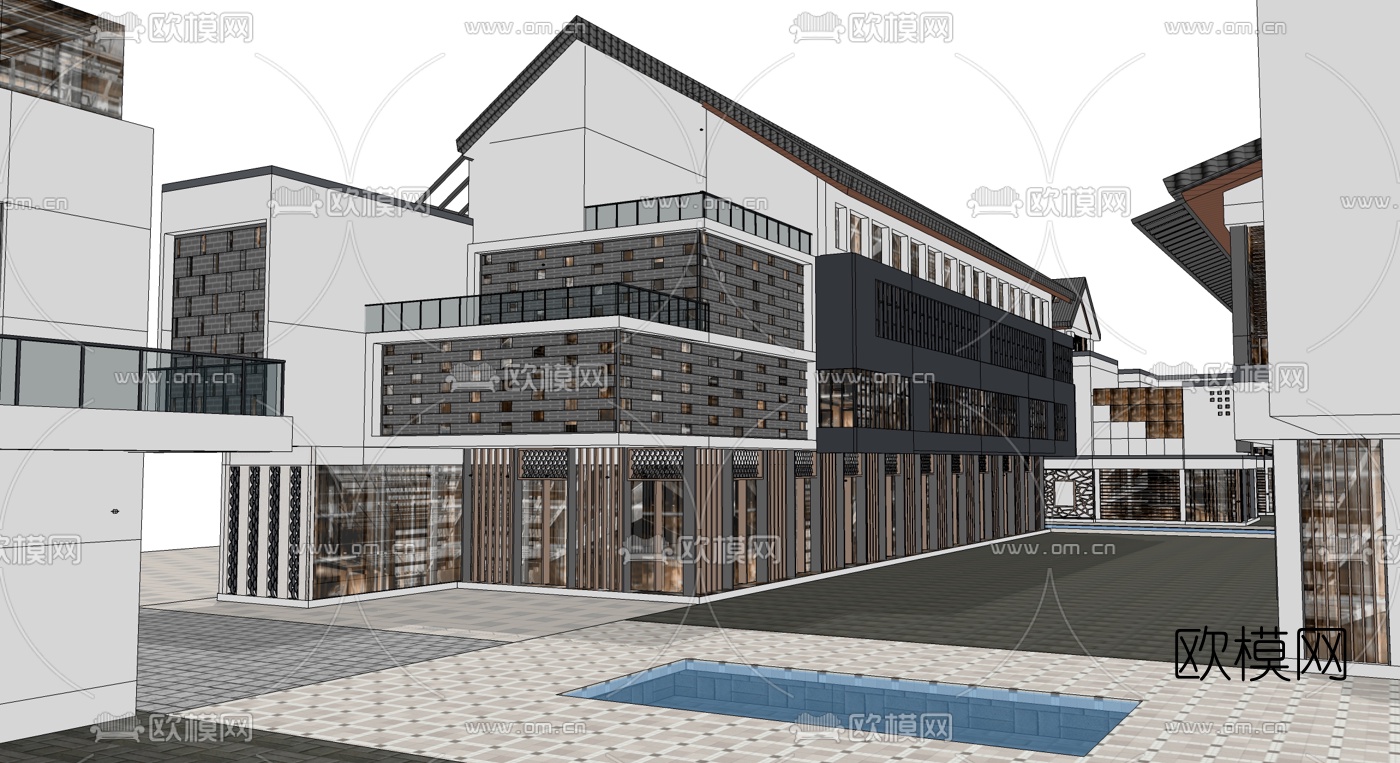 新中式商业街建筑su模型