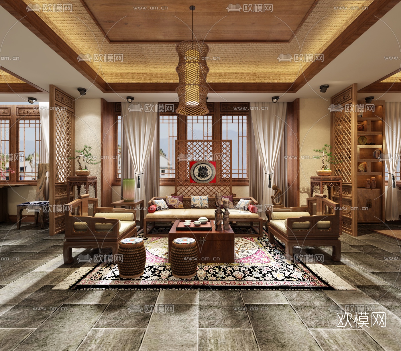 中式民宿酒店前台接待区3d模型