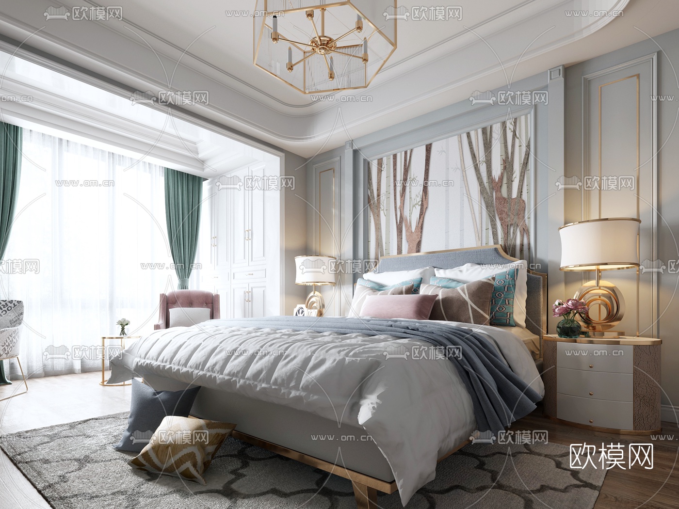 美式双人床床头背景沙发吊灯3D模型下载