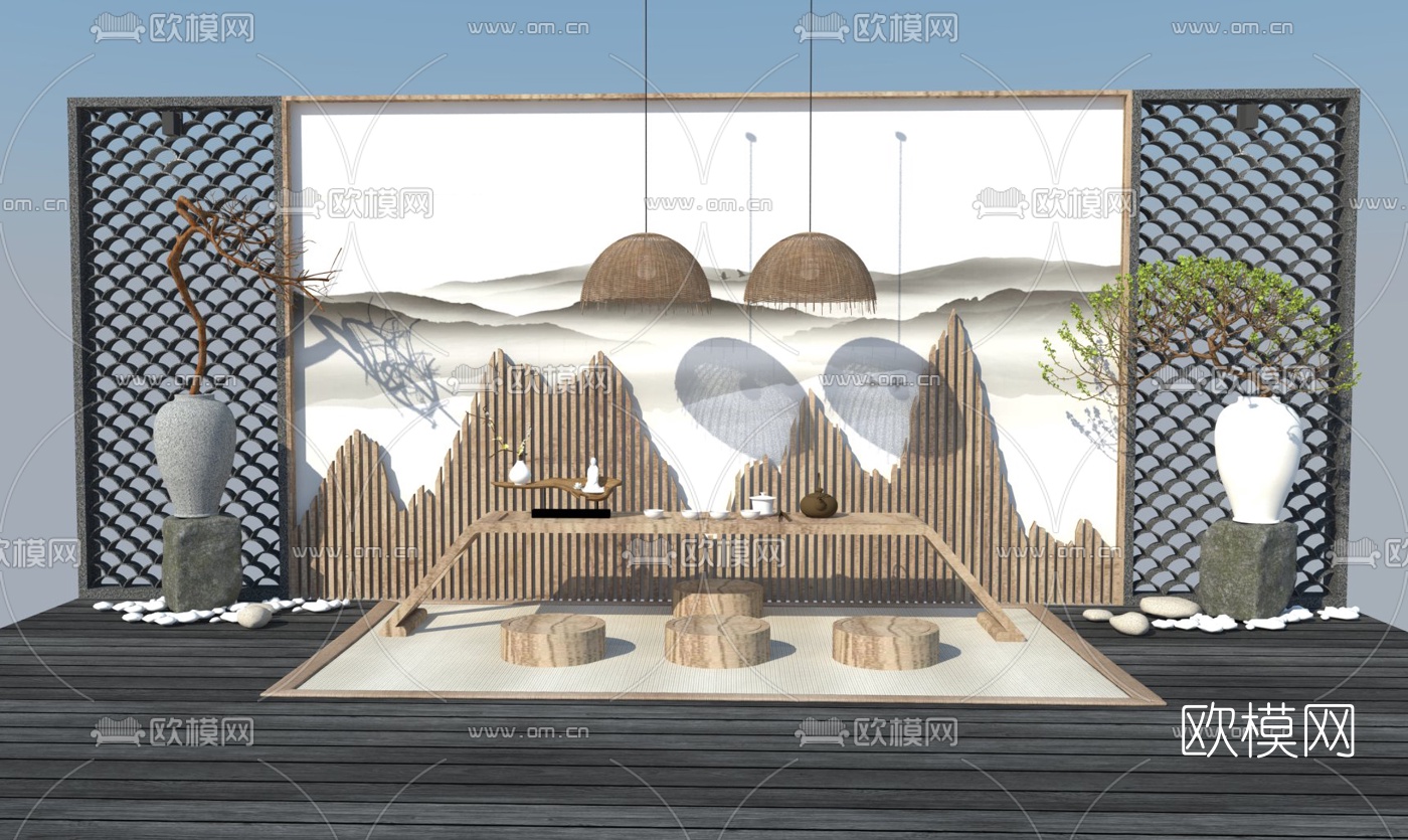 中式实木泡茶桌椅su模型下载（渲染图2）