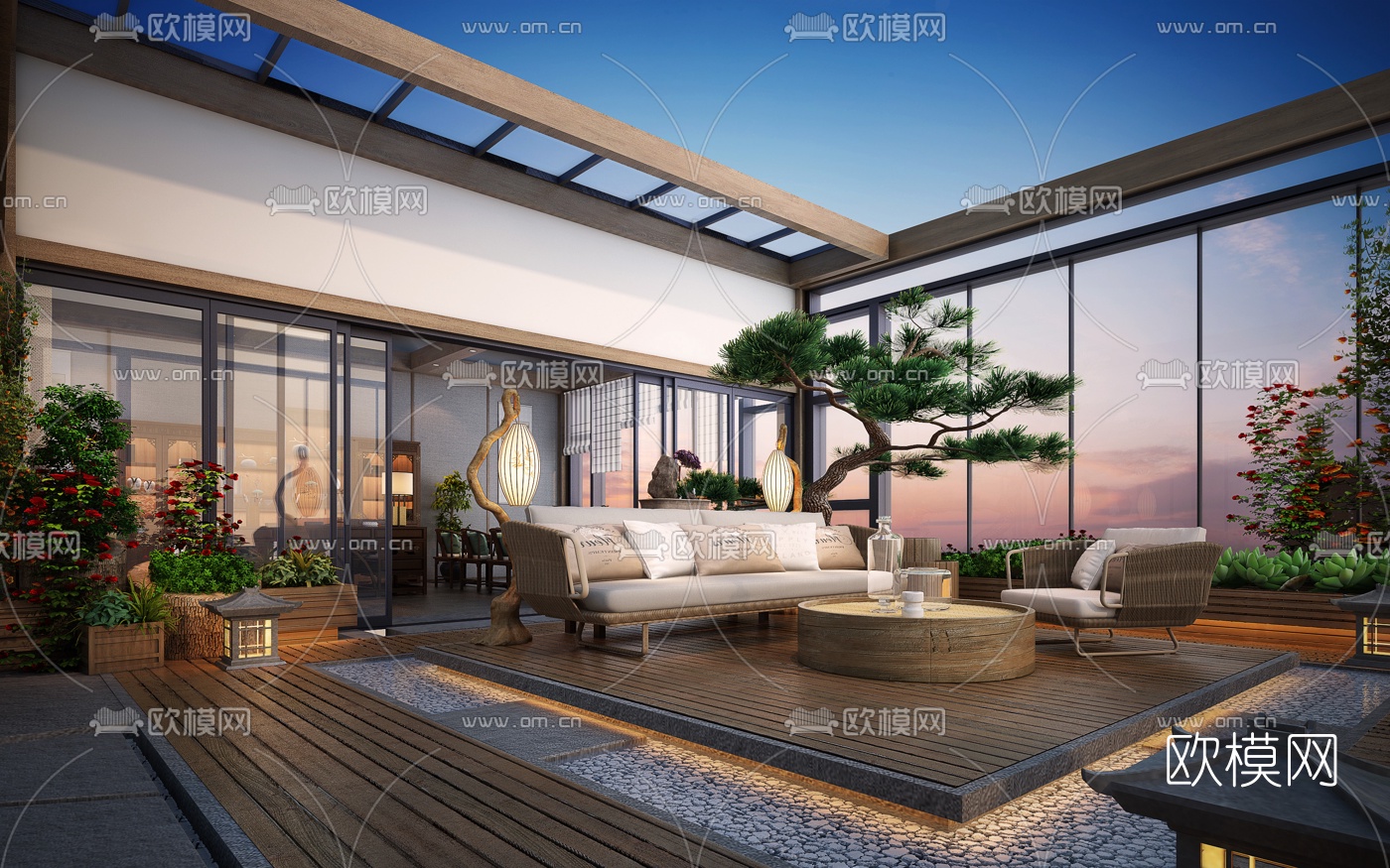 新中式阳台花园景观3D模型