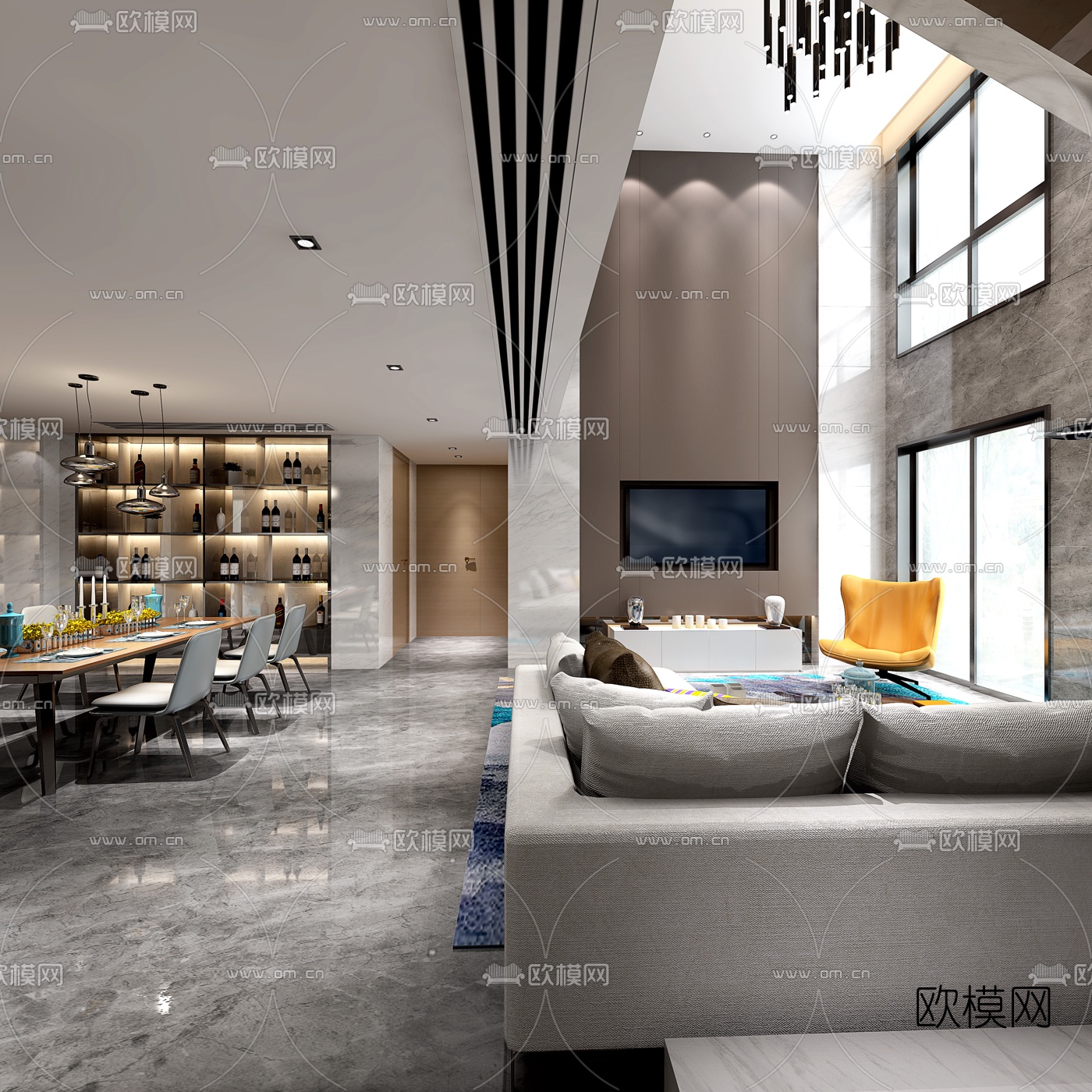 现代别墅客厅餐厅组合3D模型下载（渲染图2）