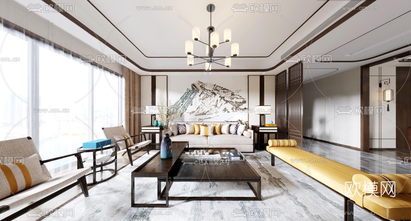 新中式客厅餐厅全景3d模型