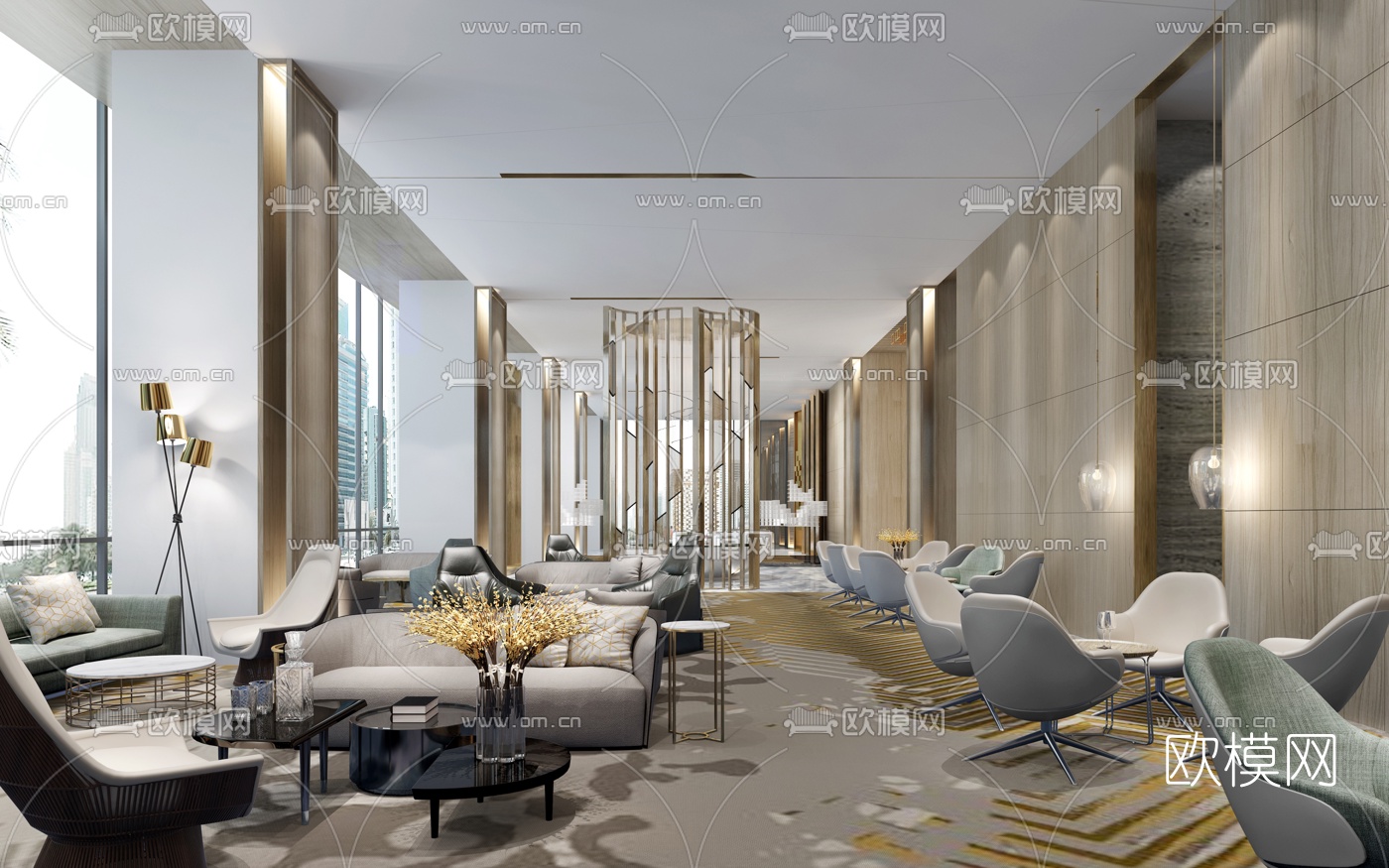 现代轻奢售楼处前台接待区3d模型下载（渲染图2）