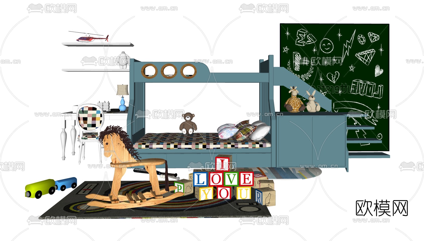 现代儿童高低床书桌组合su模型下载（渲染图1）
