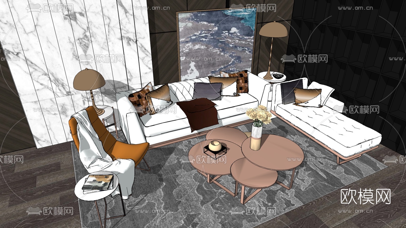 现代轻奢沙发组合su模型下载（渲染图2）