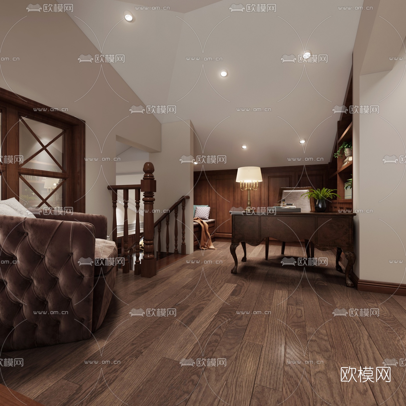 美式复式客厅餐厅3d模型
