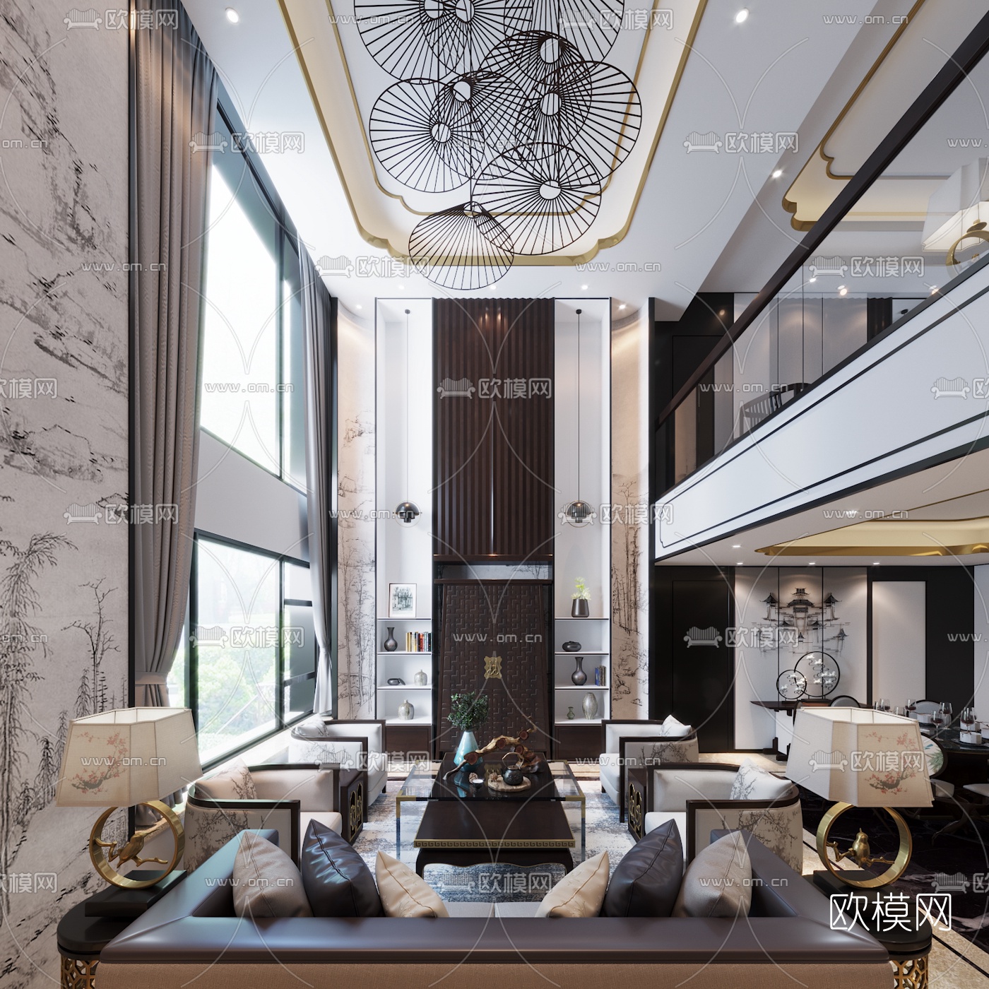 伊派设计中式别墅客厅3D模型下载（渲染图1）
