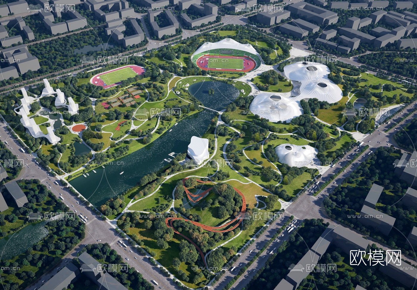 现代体育馆鸟瞰规划3d模型下载