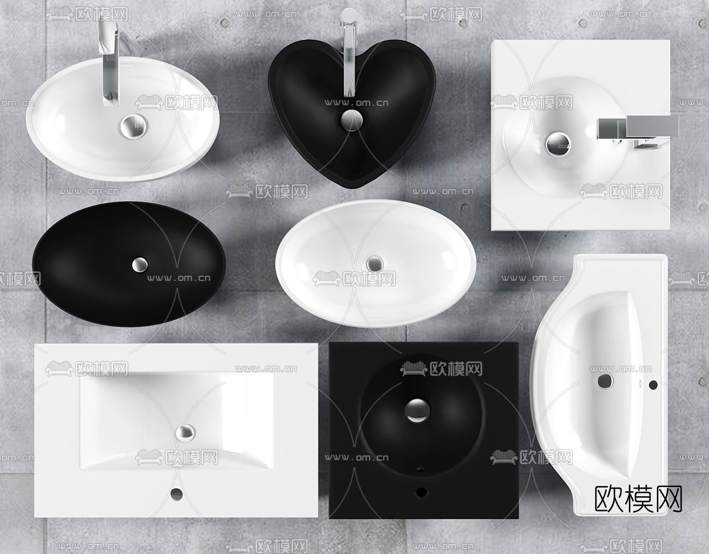 现代椭圆心形方形台盆组合3D模型下载