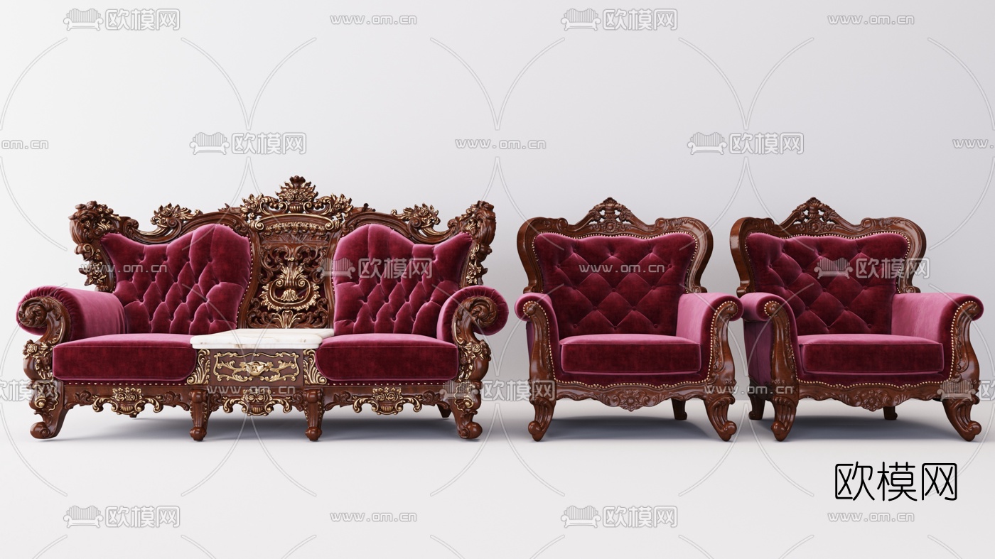 欧式布艺雕花单人双人沙发3d模型下载（渲染图1）