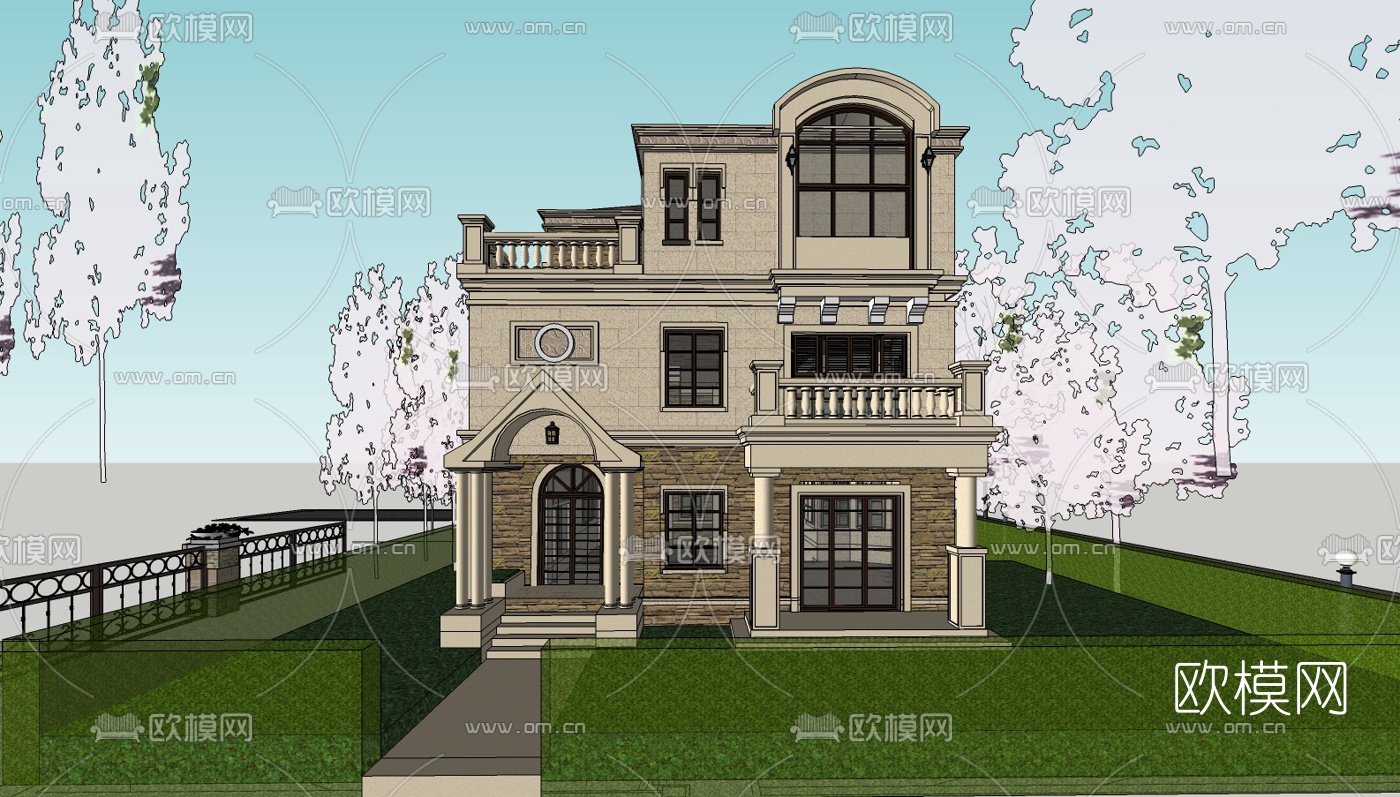 欧式独栋别墅su模型下载（渲染图2）