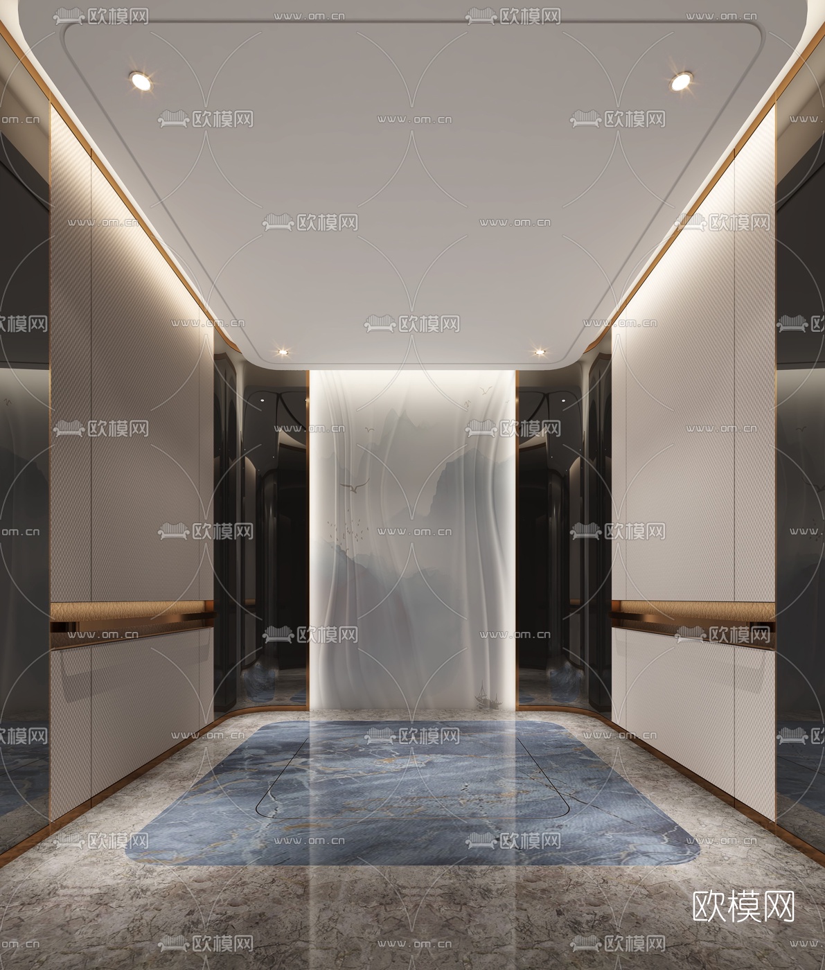 新中式酒店电梯厅3d模型下载（渲染图2）