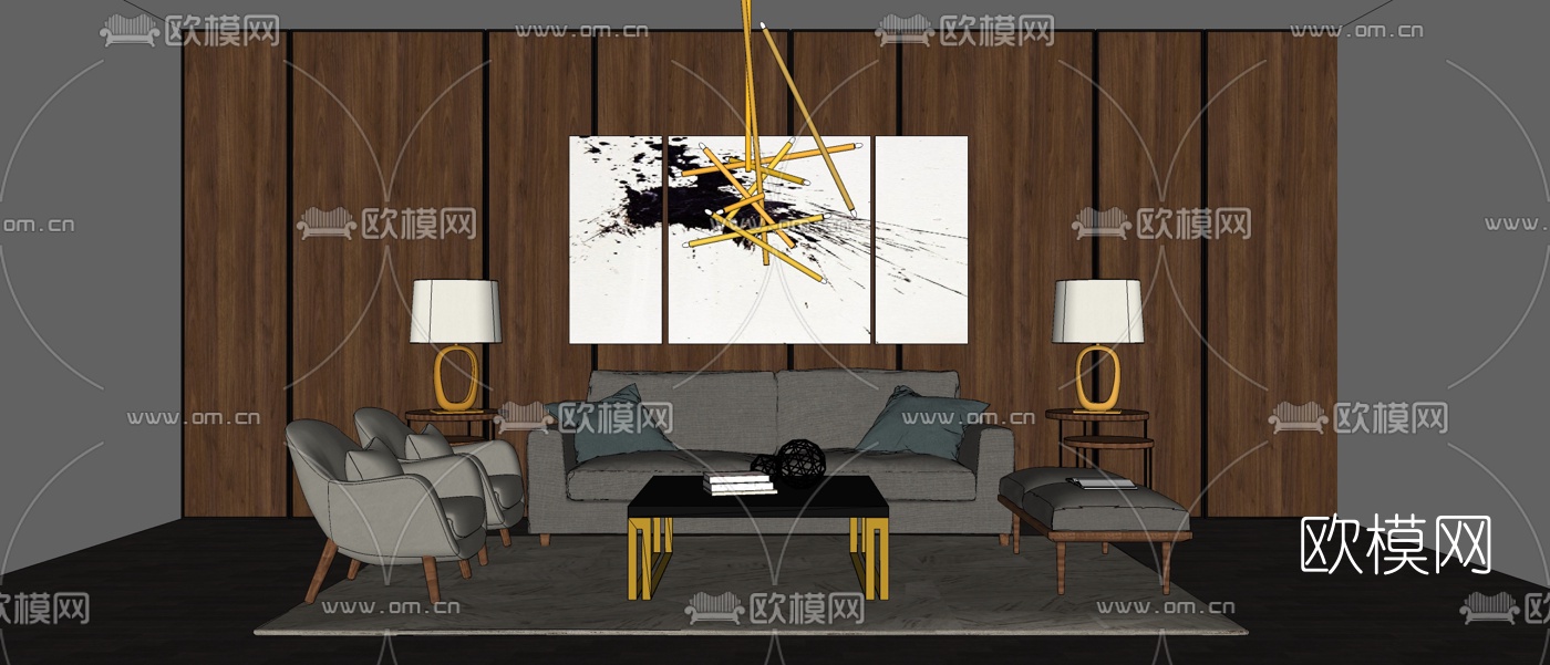 现代布艺沙发组合su模型下载（渲染图1）