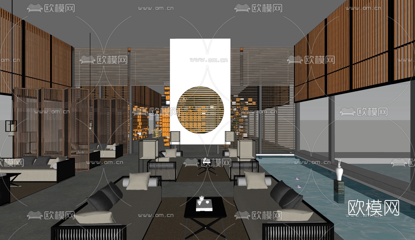 中式禅意会所大堂su模型下载（渲染图1）