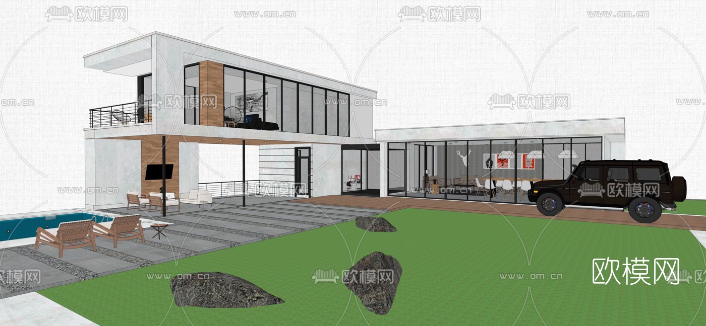 现代独栋别墅外观su模型下载（渲染图3）