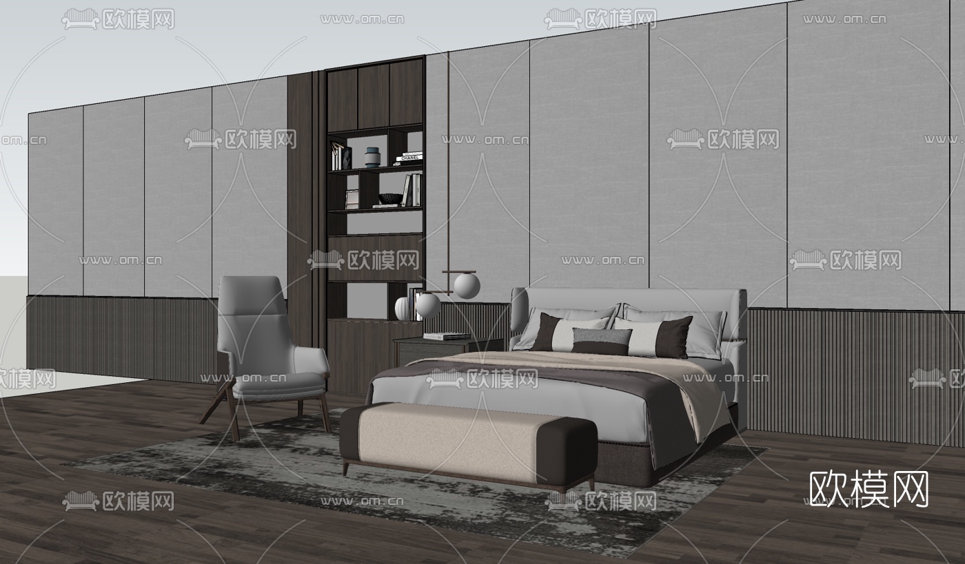 现代皮革双人床su模型下载（渲染图2）