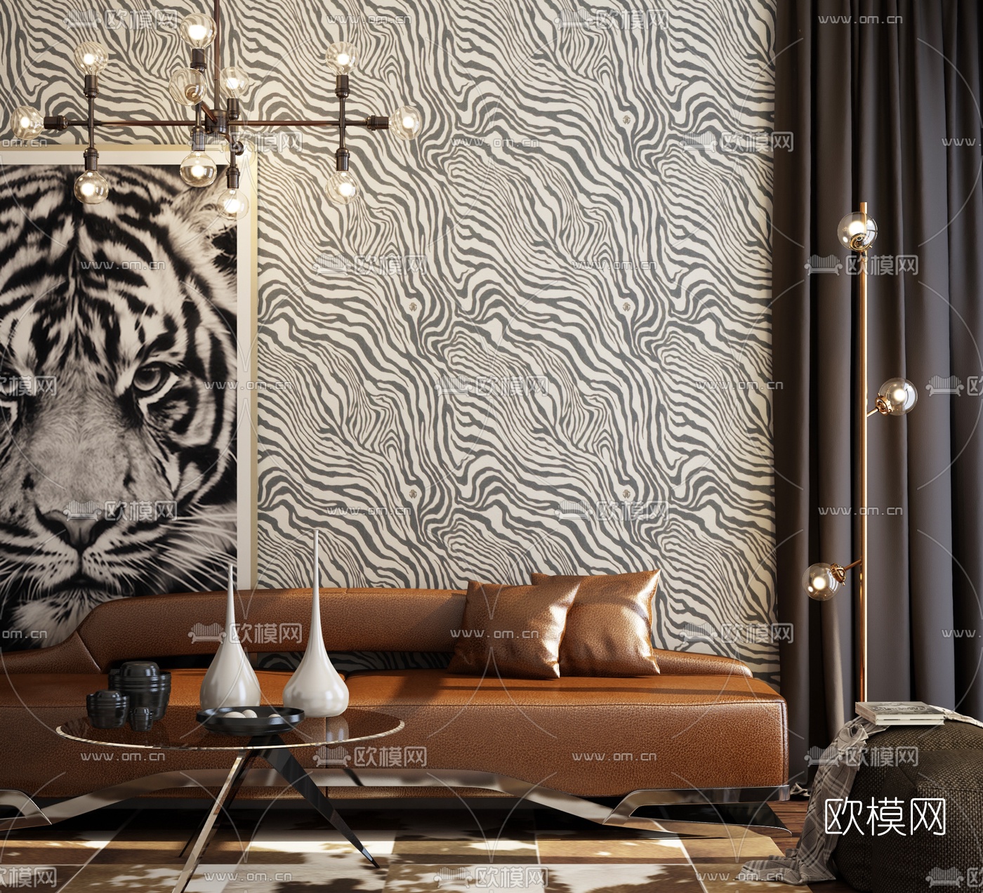 现代轻奢皮革沙发组合3d模型