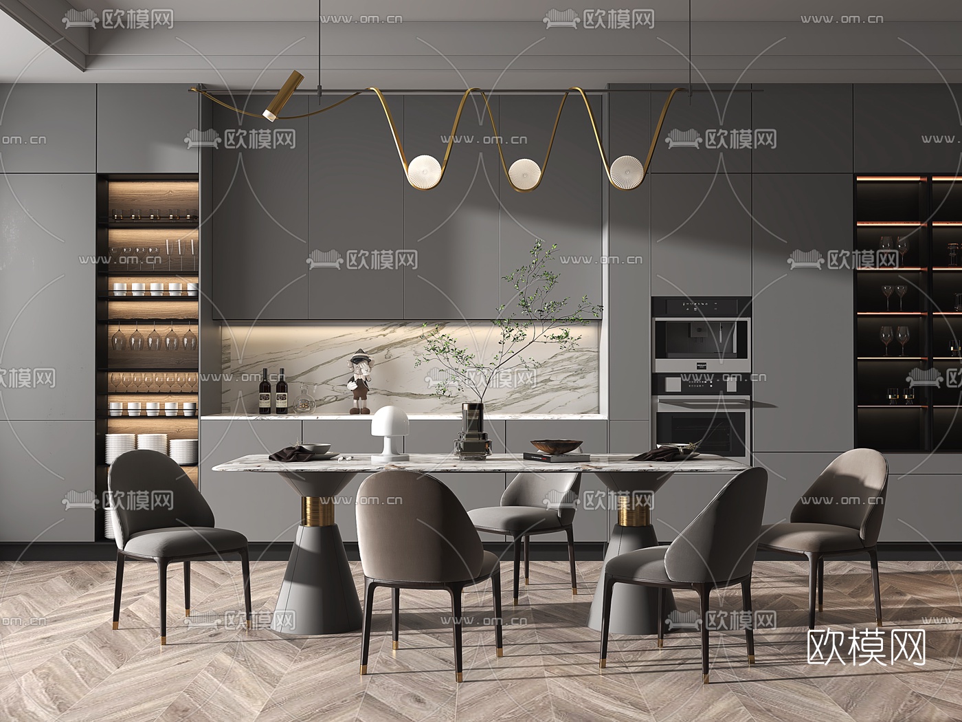 现代大理石餐桌椅3d模型下载（渲染图1）