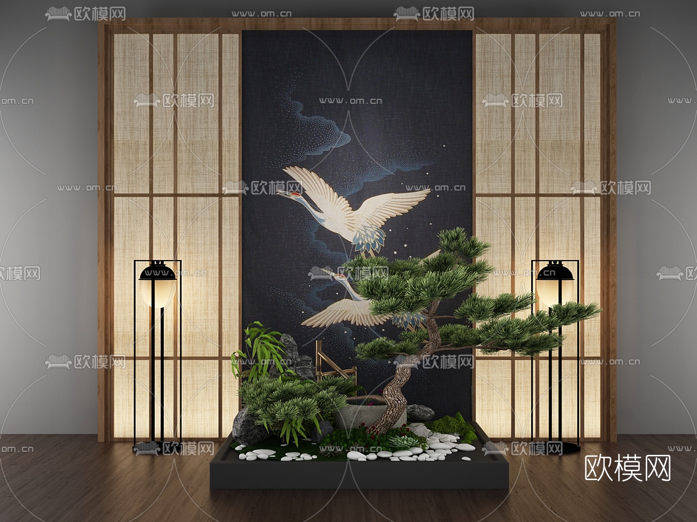 日式松树石头景观小品3d模型