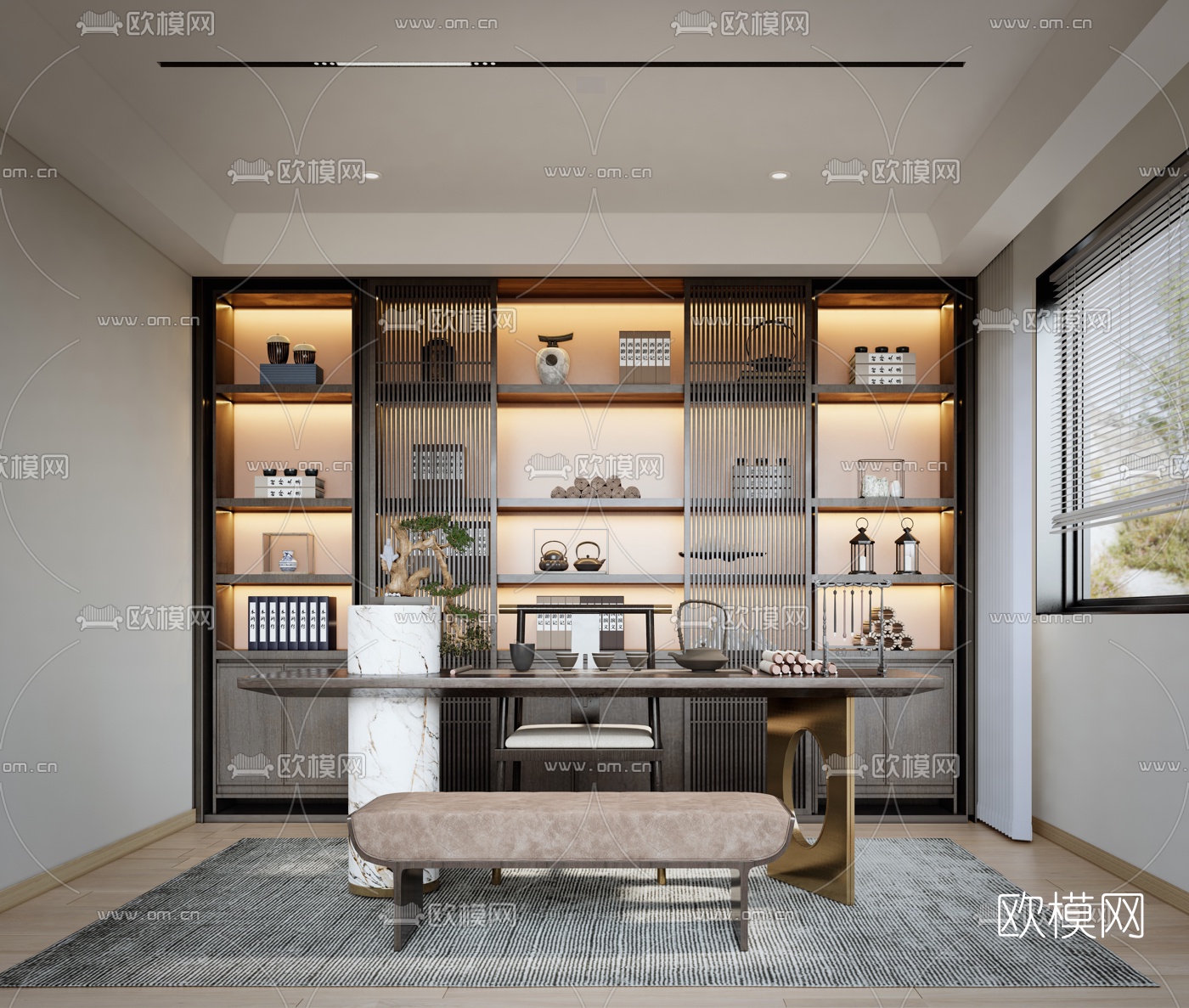 新中式茶室su模型下载（渲染图1）