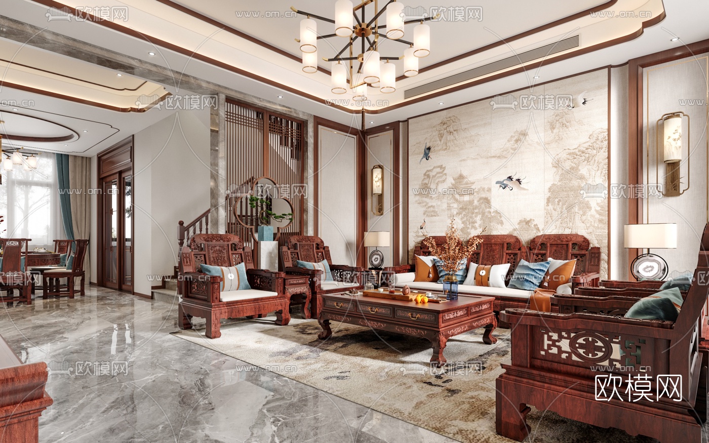 中式客厅餐厅3d模型下载（渲染图3）