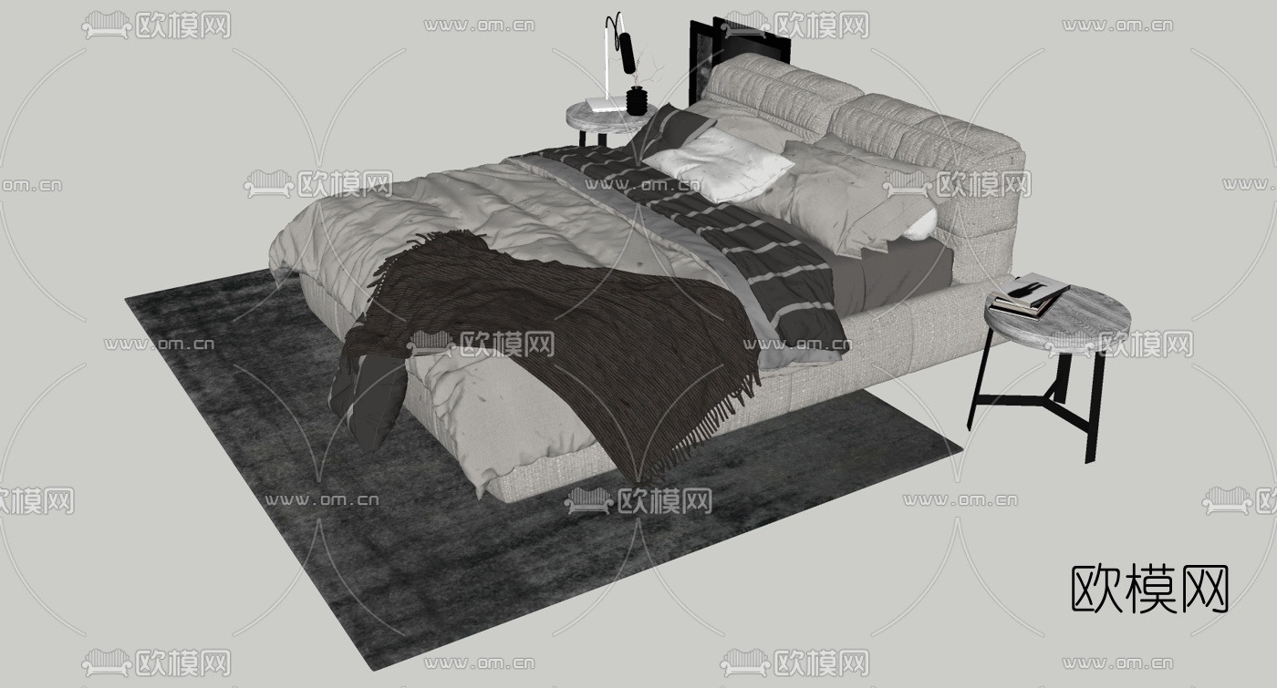 现代布艺双人床su模型下载（渲染图1）