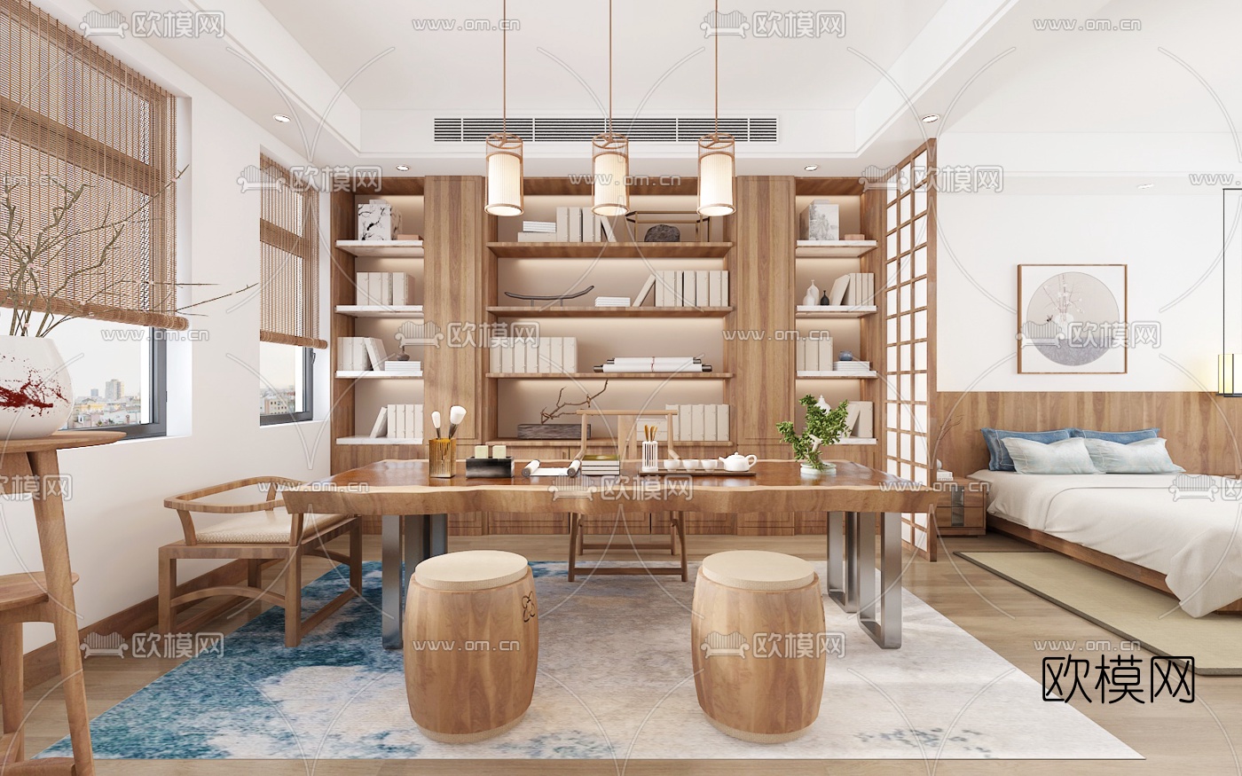 中式禅意主卧茶室3d模型下载（渲染图5）