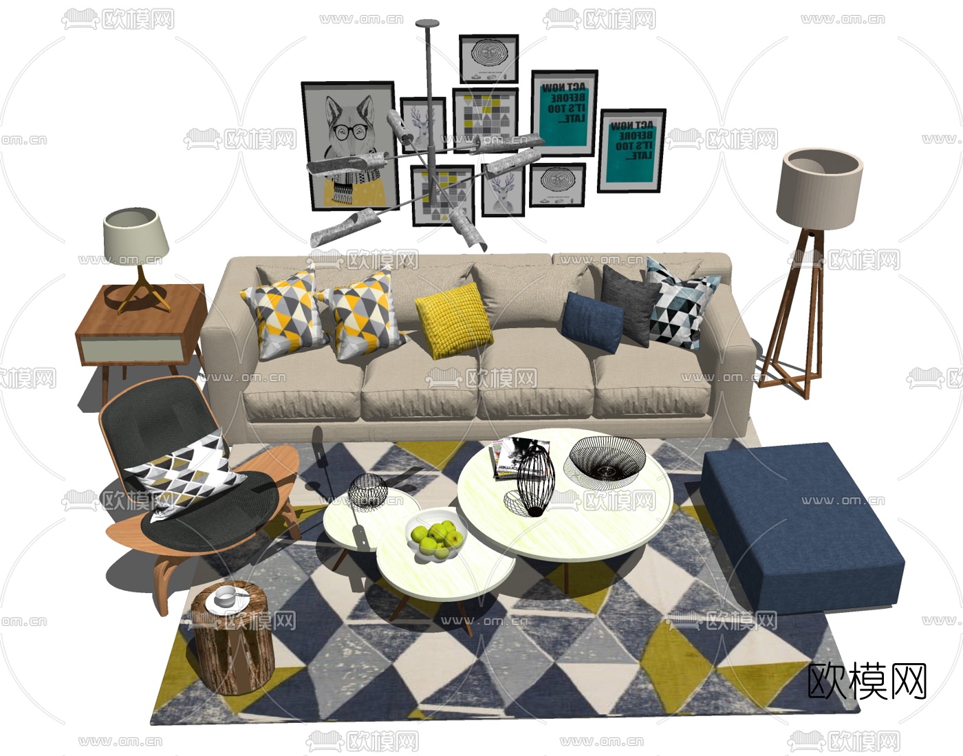 北欧布艺沙发组合su模型下载（渲染图3）