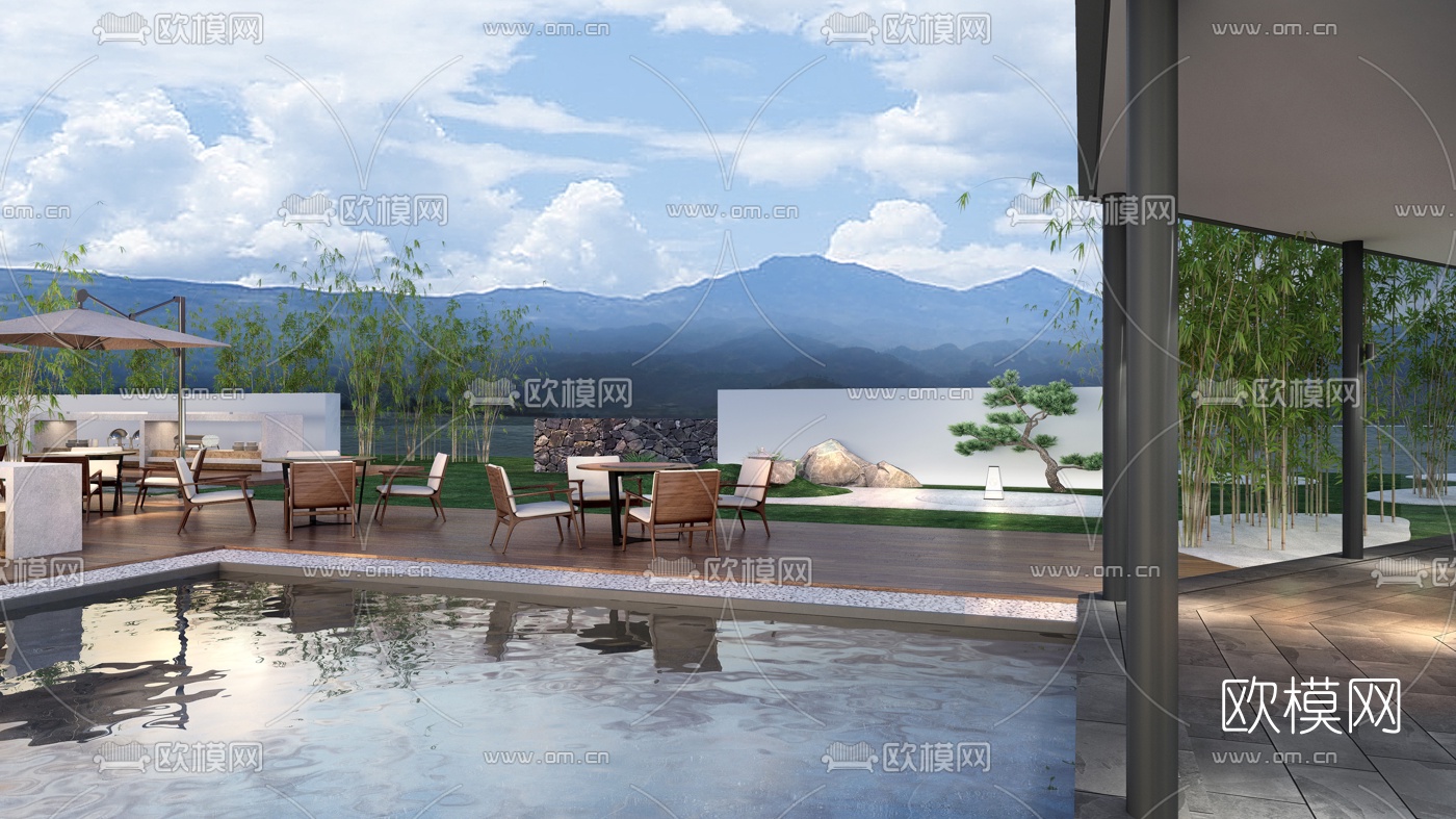 新中式酒店园林景观3d模型