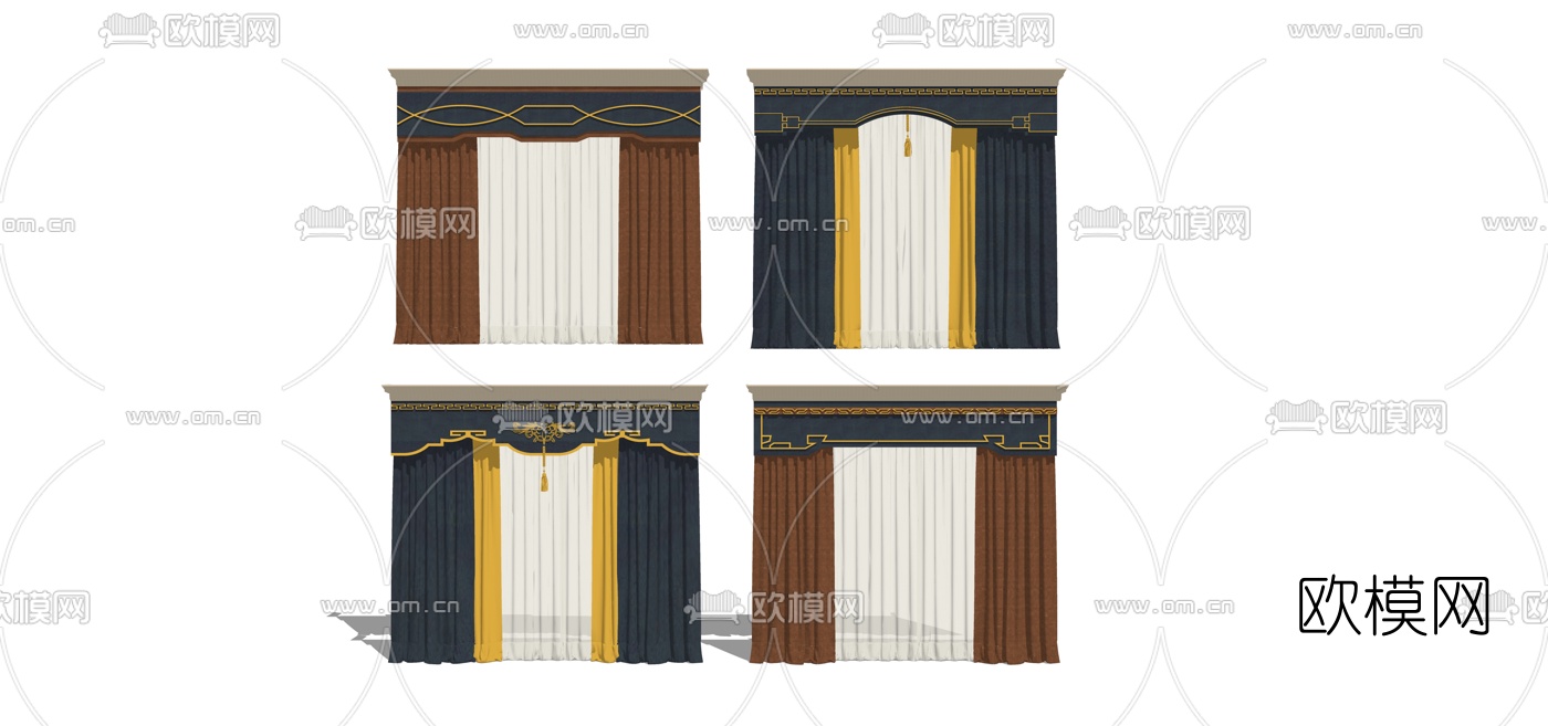 新中式布艺窗帘组合su模型下载（渲染图1）