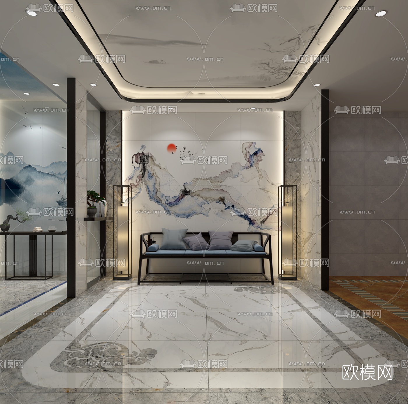 中式玄关过道端景台花瓶沙发组合3D模型下载_ID10076894_3dmax免费模型-欧模网