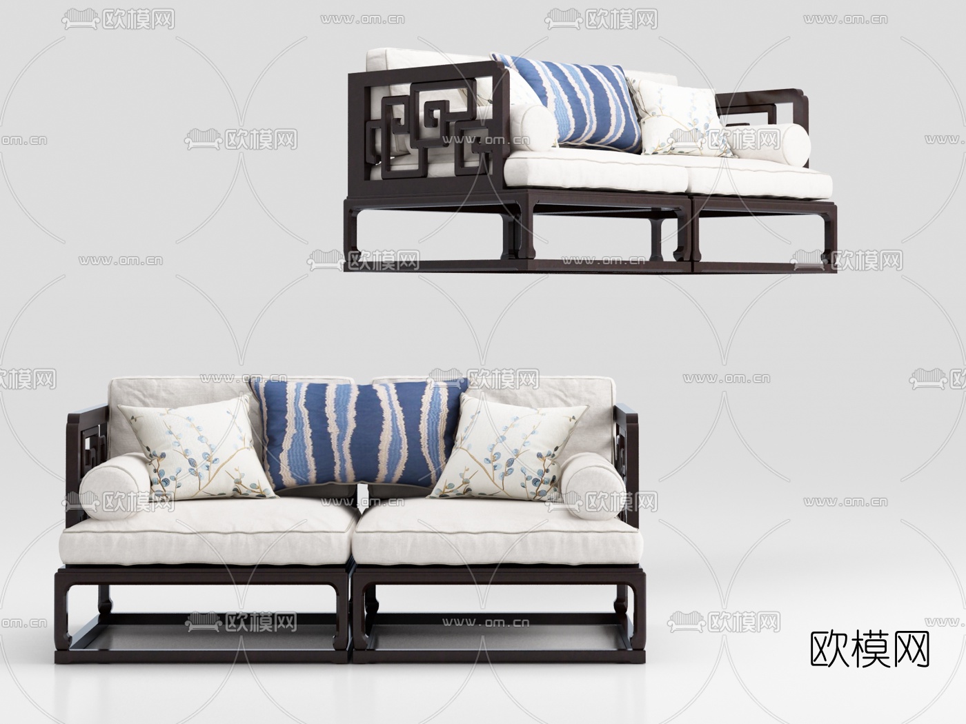 中式实木布艺双人沙发3d模型下载