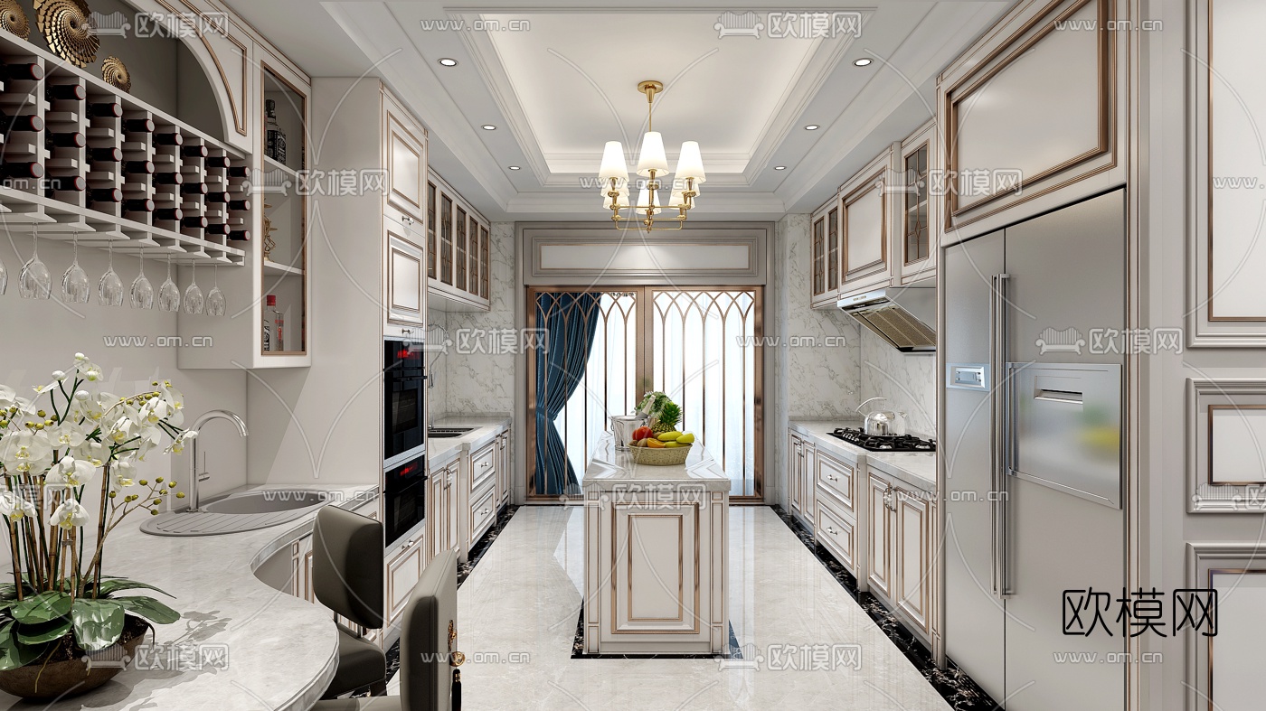 新古典餐厅厨房3d模型下载（渲染图2）