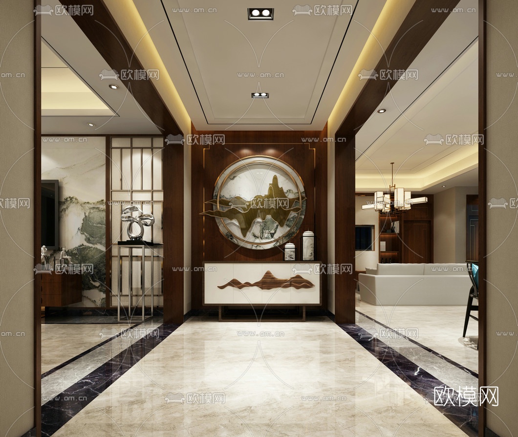 中式端景柜屏风玄关过道3D模型-免费3dmax模型库-欧模网