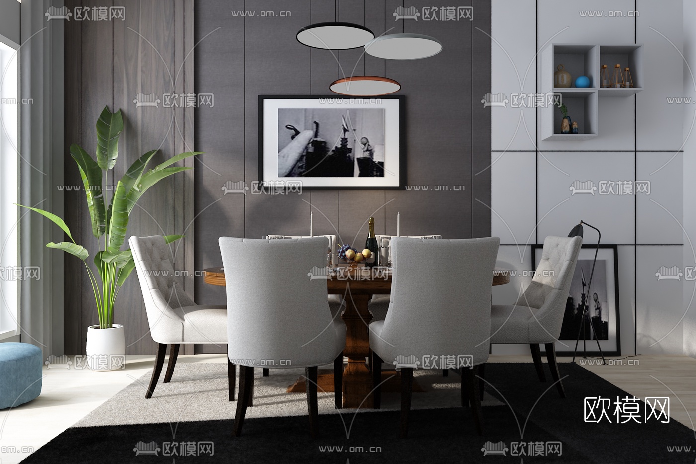 简欧圆形餐桌椅3d模型下载