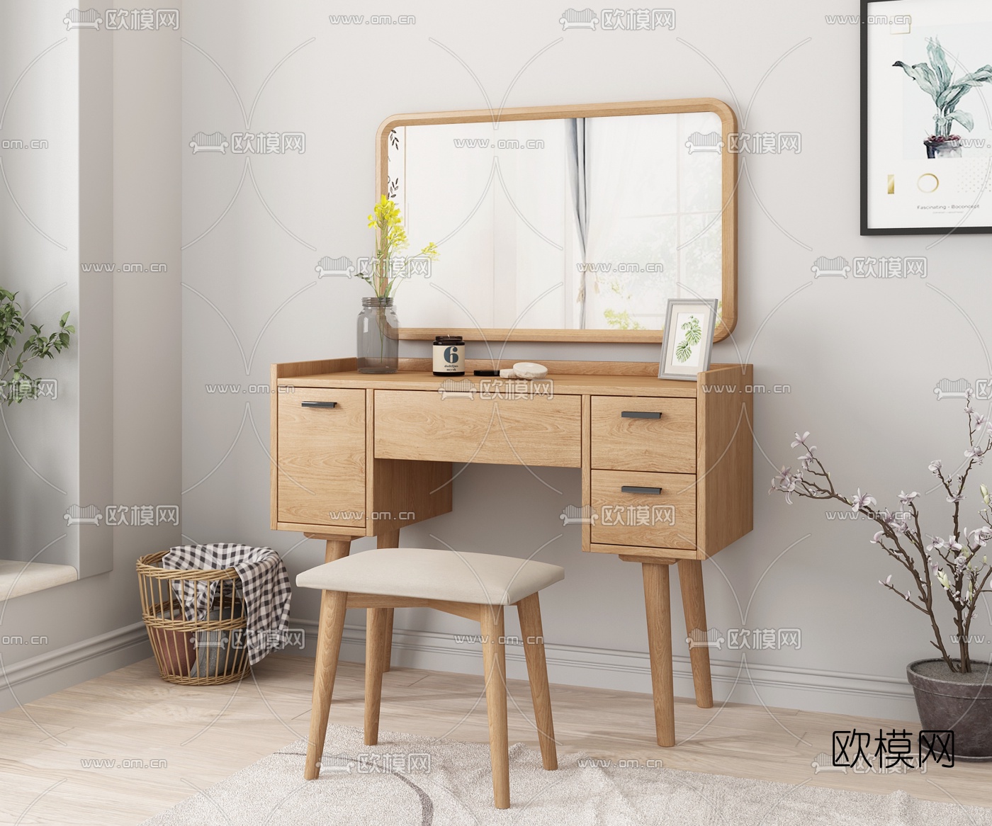 北欧实木梳妆台3d模型下载（渲染图2）