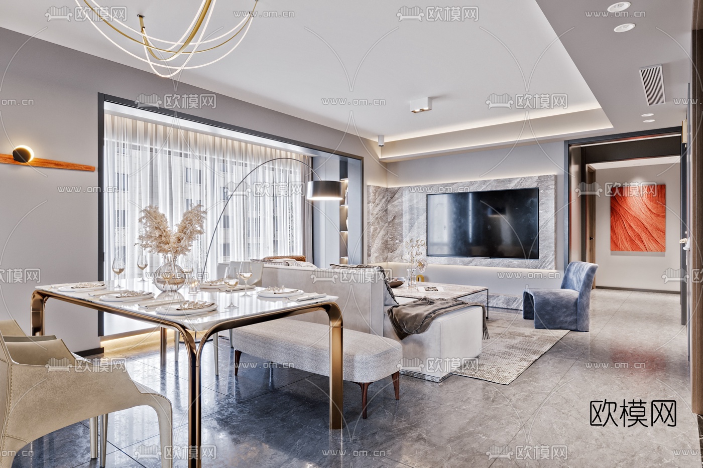 现代轻奢客厅餐厅3d模型下载（渲染图1）