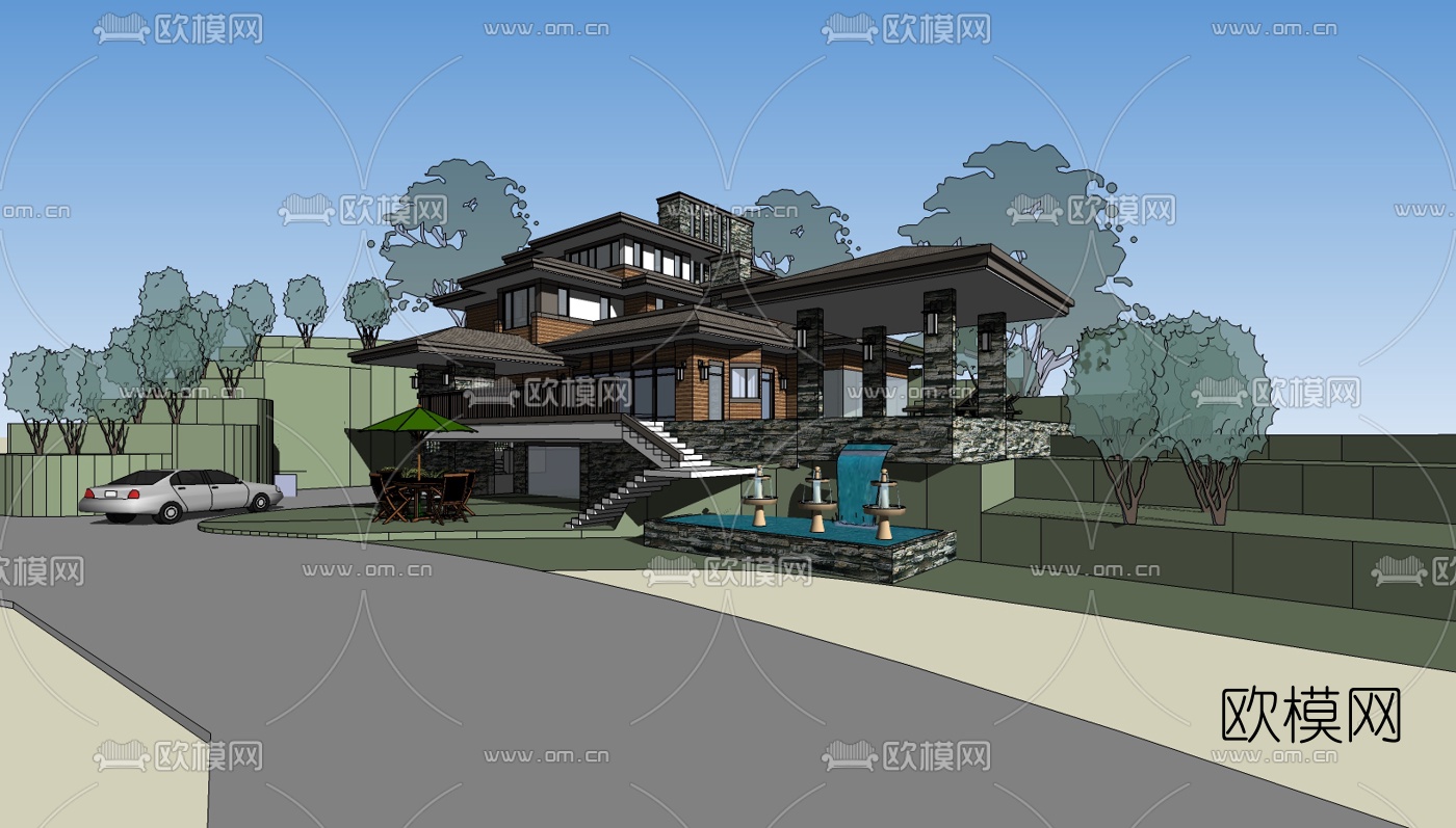 现代独栋别墅su模型下载（渲染图2）