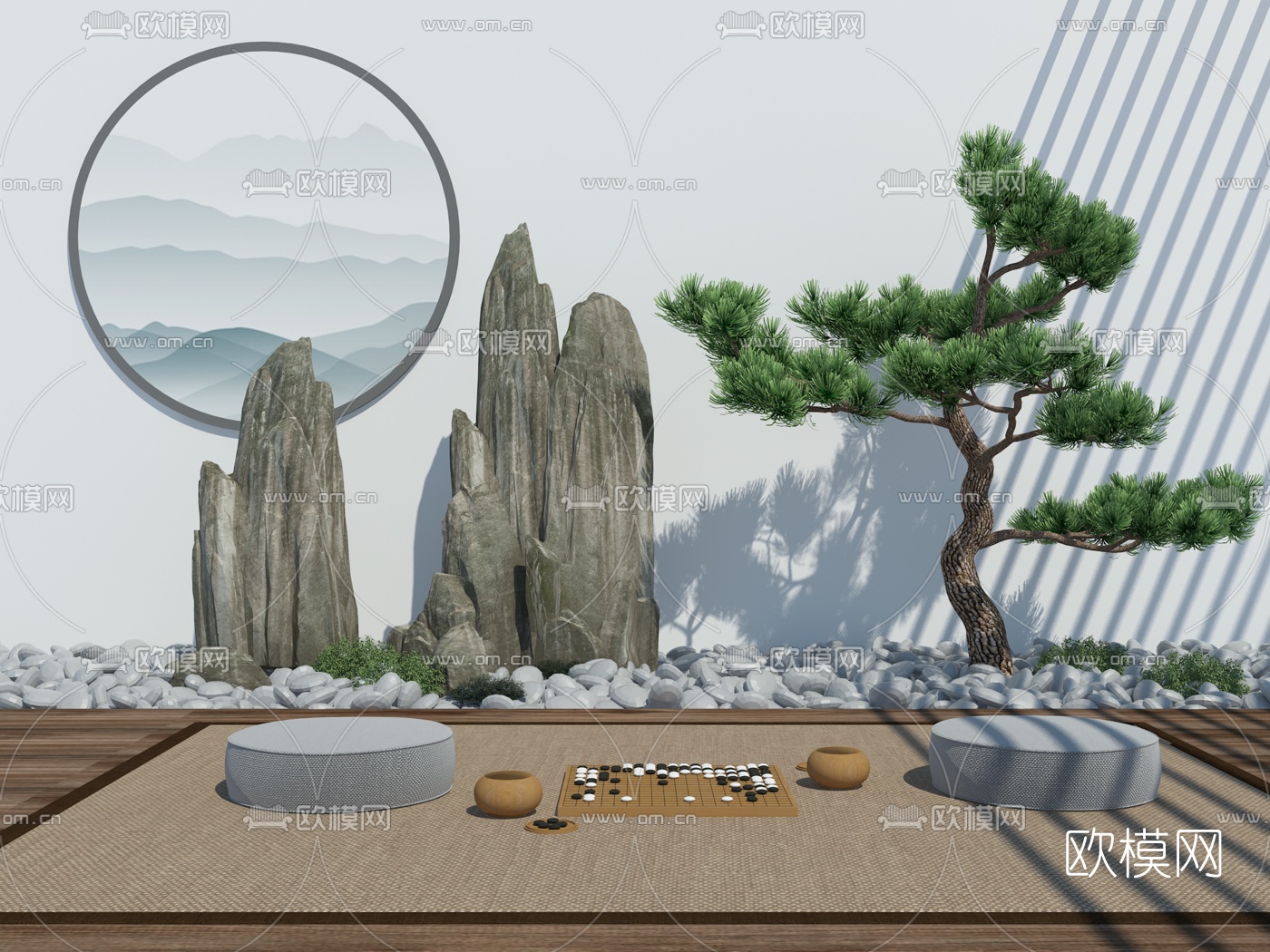 新中式围棋蒲团假山松树园艺小品3D模型