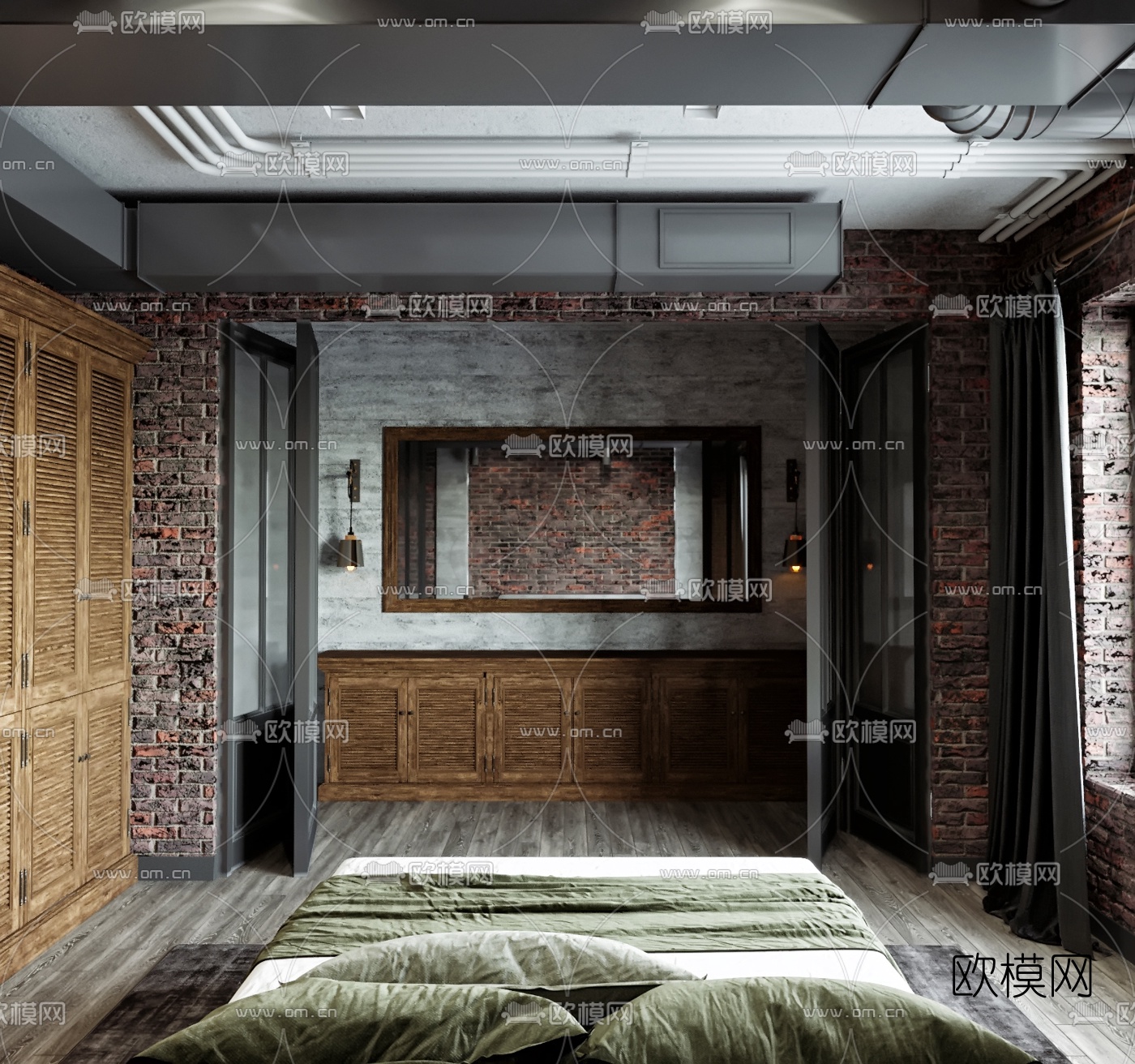 工业风卧室3d模型下载（渲染图2）